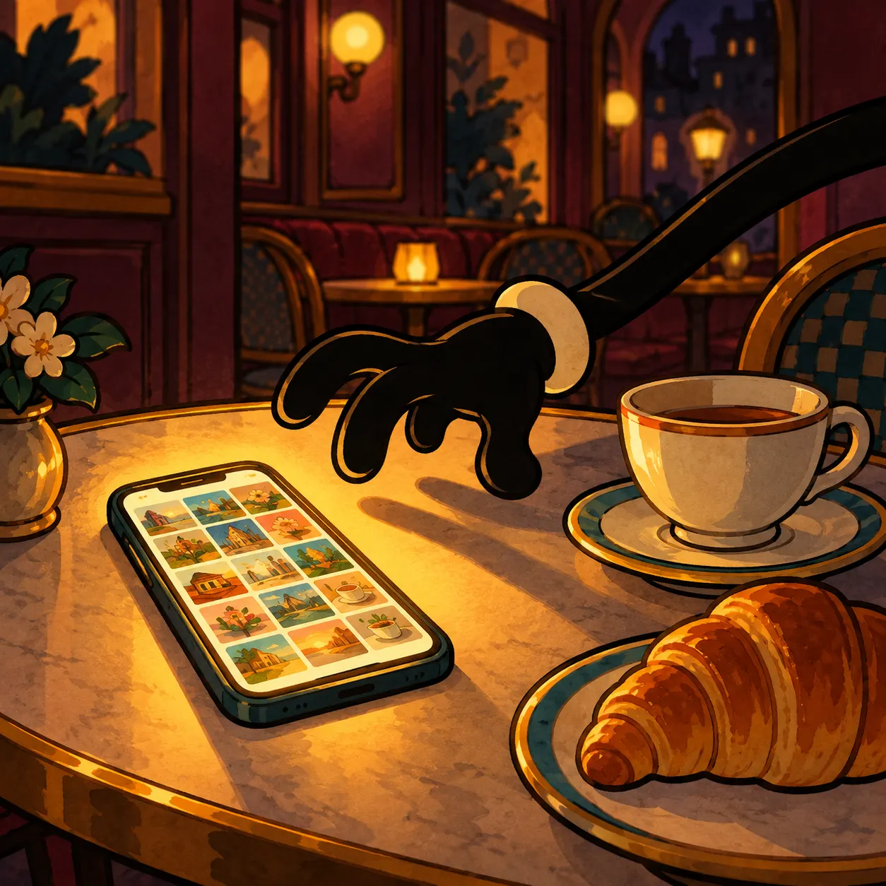 A gloved cartoon hand creeps across a café table toward a phone full of private photos.